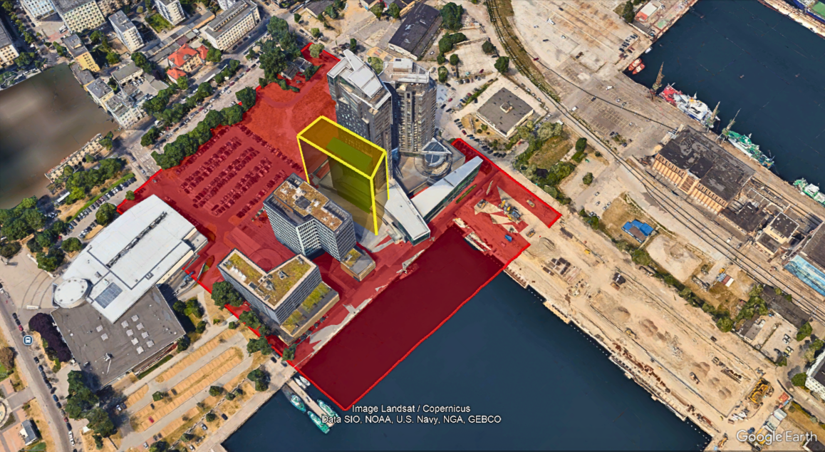 Bufor Ryzyka Naziemnego dla operacji dronem wrysowany na mapie w Google Earth Pro