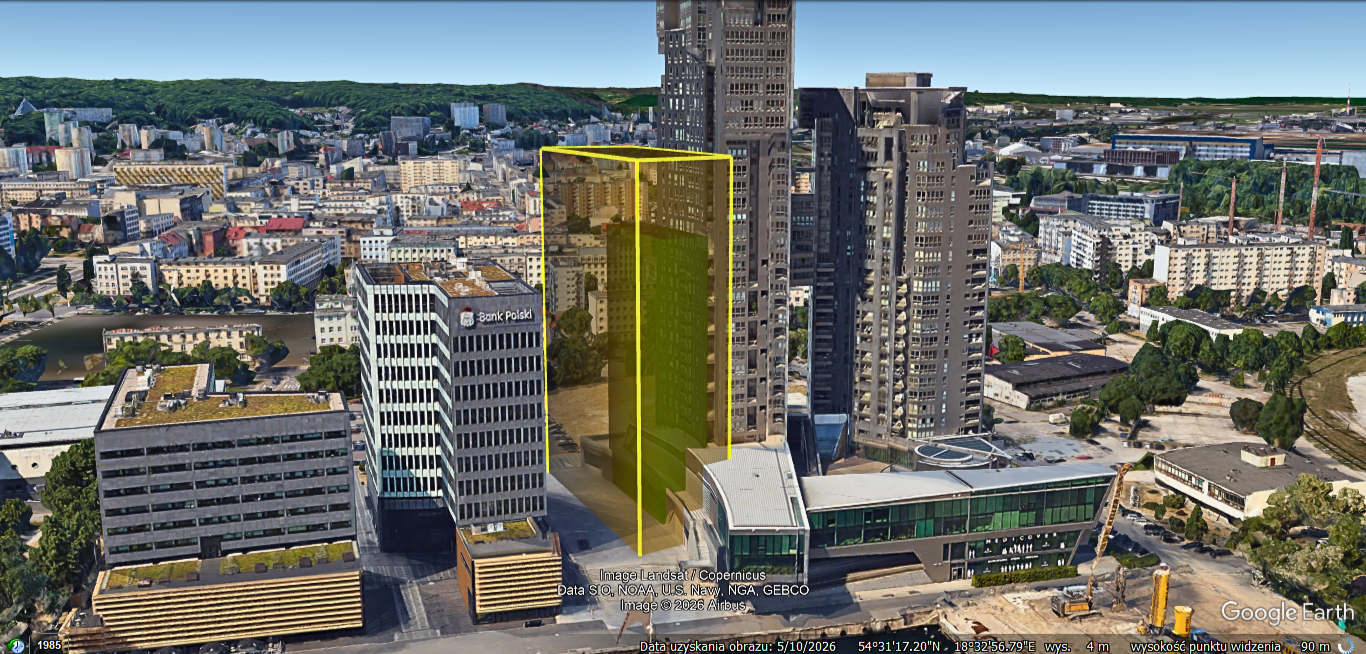 Przestrzeń Bezpieczeństwa obejmująca Przestrzeń Lotu drona przy Sea Towers w Gdyni