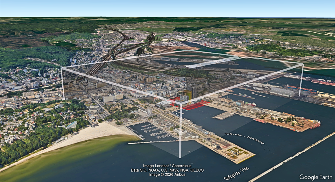 Przestrzeń Przyległa dla operacji dronem przedstawiona na mapie Gdyni